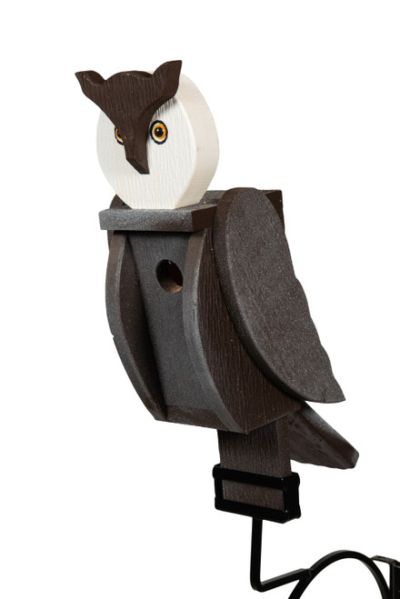 Amish-made wood bird shaped birdhouse in owl design.