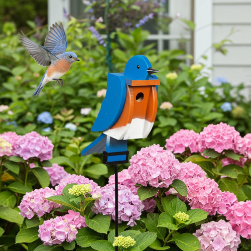 Wood bird shaped birdhouse in bluebird design, Amish made in the USA. Pictured in hydrangea bed with bluebird in flight.