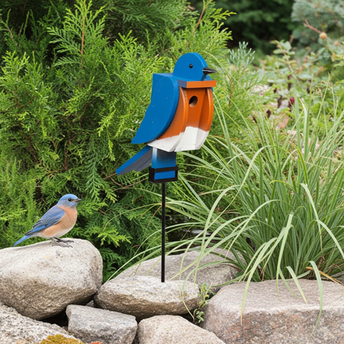 Wood bird shaped birdhouse in bluebird design, Amish made in the USA. Pictured in rock garden with bluebird.
