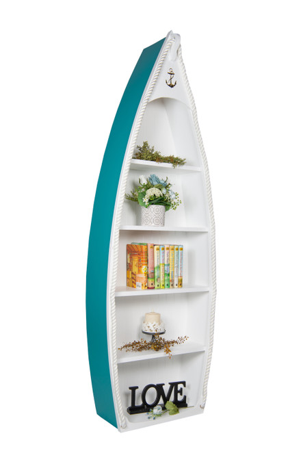 6 foot Amish Crafted Wood Rowboat Bookshelf in Aruba Blue and White