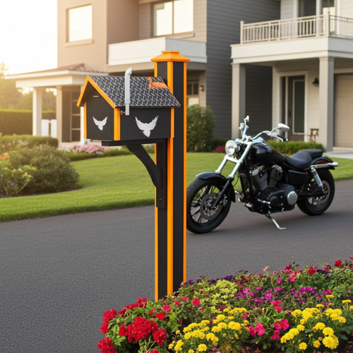 Amish made poly biker theme mailbox in Harley Davidson colors. Pictured in suburban neighborhood.