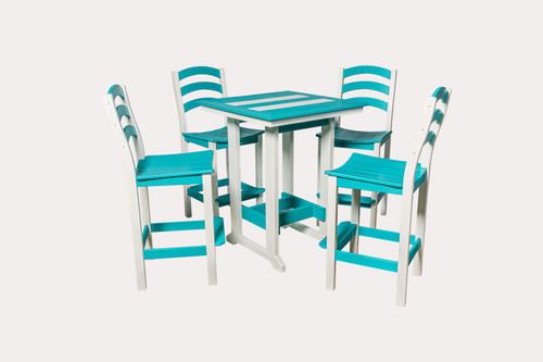 Poly outdoor furniture, dining set in bar height, white and aruba blue.