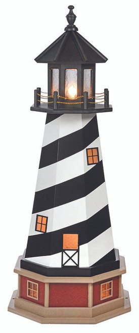Amish handcrafted Cape Hatteras replica garden lighthouse with base, constructed of wood, finished in black and white, 4 foot overall height, interior lighting included.