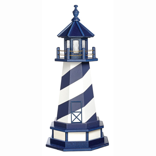 Amish crafted PVC garden lighthouse, Cape Hatteras style in patriot blue and white, 3 foot with base.