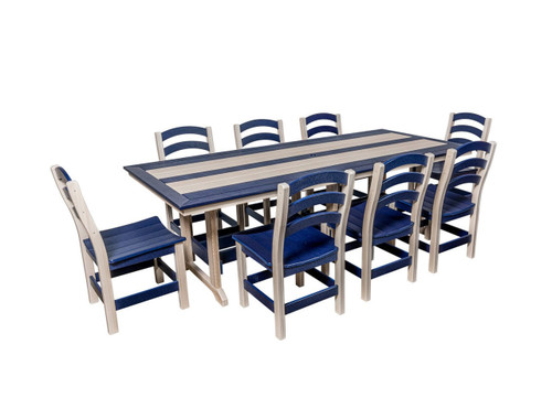 Poly dining table set from Seabreak Collection in seashell and patriot blue.