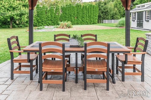 Poly dining table set from Seabreak Collection in black and mahogany.