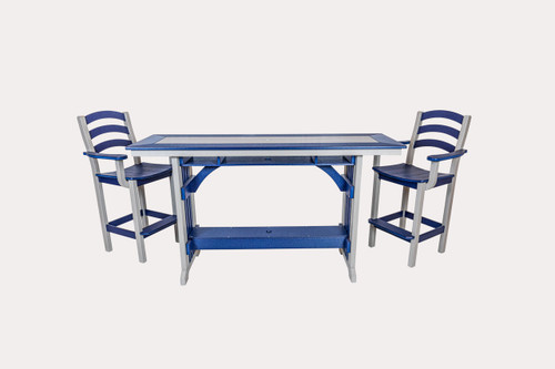 Amish crafted 72" poly Mission Rail bar table and 2 chairs in light gray and patriot blue.