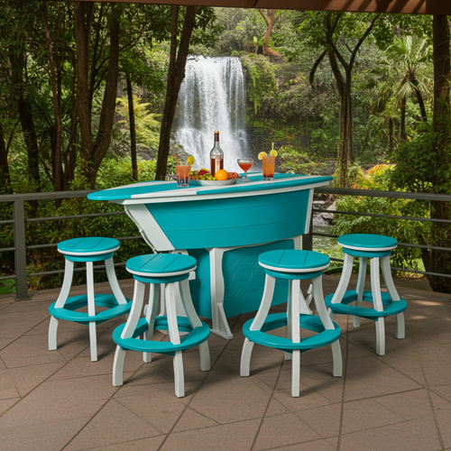Amish made poly boat style outdoor bar and stools in aruba blue and white. Pictured on a patio with tropical waterfall in background.