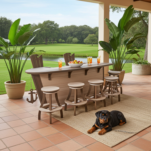 Amish made poly outdoor furniture, boat style bar table island, in birchwood and brazilian walnut, 2 OceanWavz chairs, Anchor Avenue bar stools. Pictured on patio at water hazard on golf course.