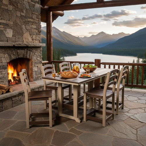Amish made poly outdoor dining set in birchwood and brazilian walnut. Pictured on a lodge patio in the mountains.