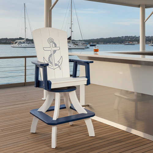 All-weather Amish crafted poly outdoor bar stool with swivel seat, pictured on deck at a yacht club