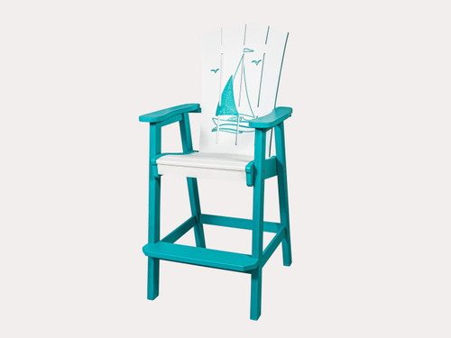 Amish crafted poly outdoor bar chair in white and aruba blue with sailboat engraving.