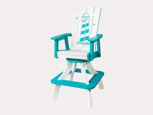 Amish crafted poly outdoor bar chair in white and aruba blue with lighthouse engraving.