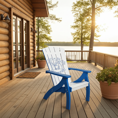 Amish crafted, engraved, poly adirondack chair on lake front lodge deck