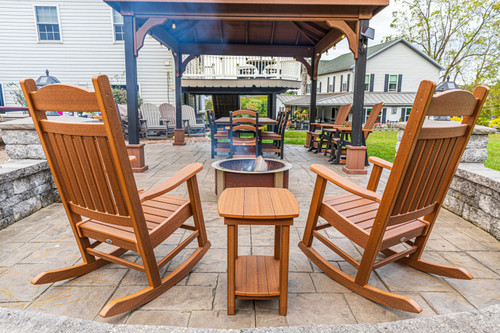 Amish crafted poly outdoor furniture end table in mahogany pictured on patio