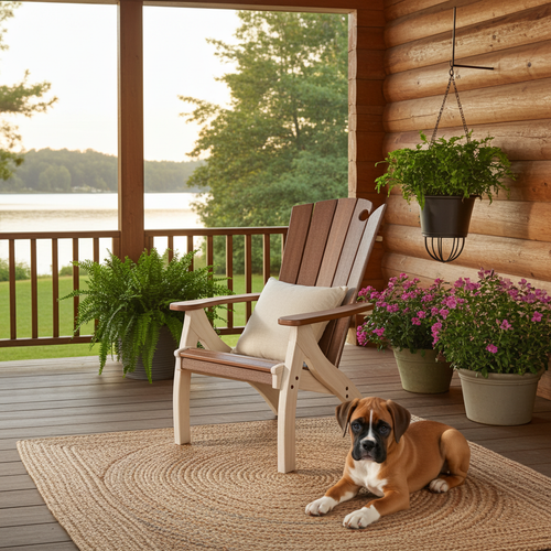Amish made poly outdoor adirondack style siesta chair in birchwood and brazilian walnut, pictured on log cabin porch.