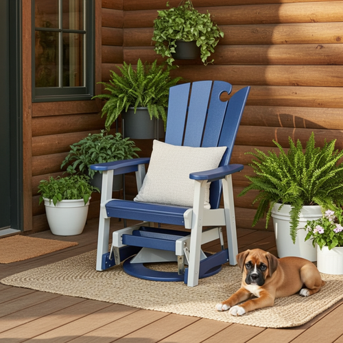 Amish crafted outdoor patio furniture, poly glider chair in light gray and patriot blue. pictured on log cabin patio.
