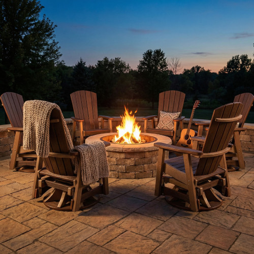 Amish crafted poly swivel glider chairs on a patio around a firepit at dusk.