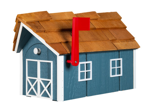 Amish crafted cedar roof mailbox in powder blue and white