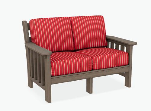 Poly love seat handcrafted in the USA by Finch˜ pictured in coastal gray woodgrain poly with Harwood Crimson fabric