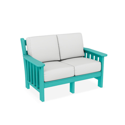 Poly love seat handcrafted in the USA by Finch˜ pictured in Turquoise poly with Platform Salt fabric