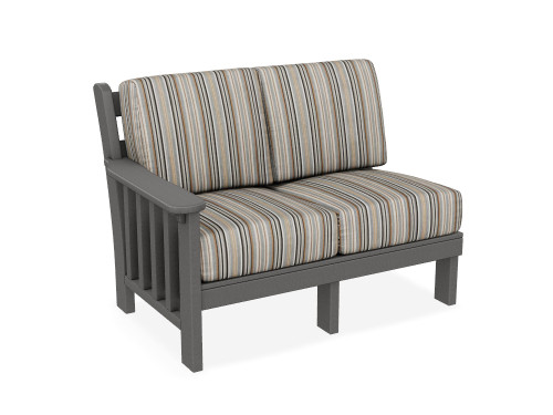 Left side love seat piece for poly outdoor sectional sofa, made in the USA by Finch™, pictured in dark gray and cultivate stone.