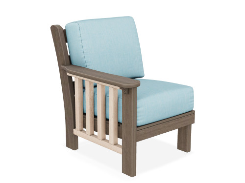 Mission style deep seating sectional chair poly patio furniture  by Finch™ pictured in coastal gray, and seashell with cast horizon
