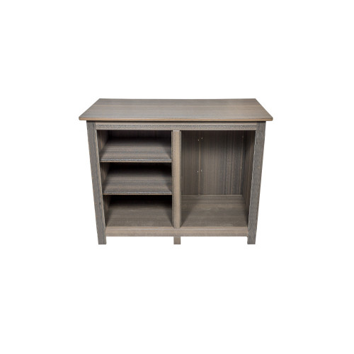 Amish crafted poly outdoor console storage cabinet in coastal gray, pictured with optional shelving