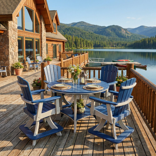 Poly Amish built outdoor dining set in patriot blue and light gray, pictured on a lodge deck.