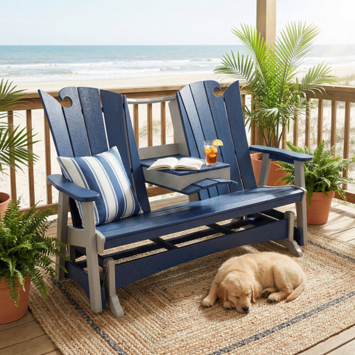 Amish crafted poly triple glider from the OceanWavz collection, pictured on the porch of a coastal home