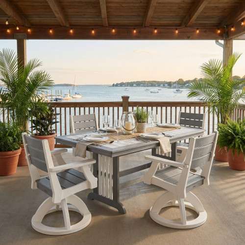 Poly Mission Dining Table from the Farmhouse Collection, pictured in white and gray.