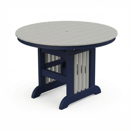 Poly Mission Style Dining Table from the Farmhouse Collection, pictured in patriot blue and light gray.