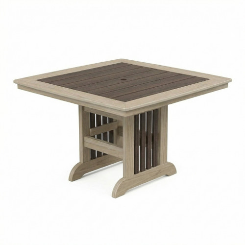 Amish built poly outdoor dining table in birchwood and brazilian walnut.