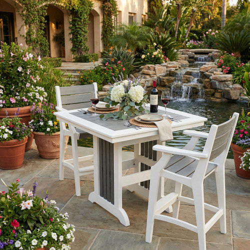 Poly bar height patio table with place settings for celebration, pictured on stone patio at mansion.