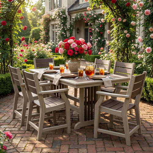 Amish built poly dining table in counter height, pictured on rose garden patio