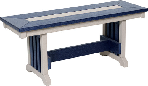 Amish built, all-weather poly outdoor bench, made in the USA, pictured in light gray and patriot blue.