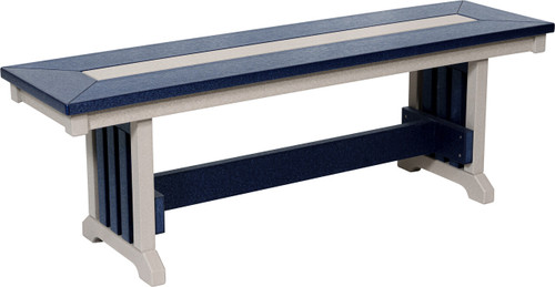 Amish built, all-weather poly outdoor bench, made in the USA, pictured in light gray and patriot blue.
