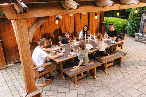 Amish built, all-weather poly dining set on patio with pergola