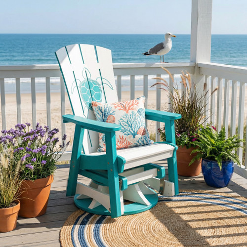 All-weather poly glider chair with turtle engraving pictured on the porch of a coastal home