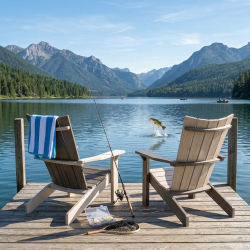 Modern style poly adirondack chair from Skyward collection by Finch. Made in the USA, pictured on a mountain lake boat dock.