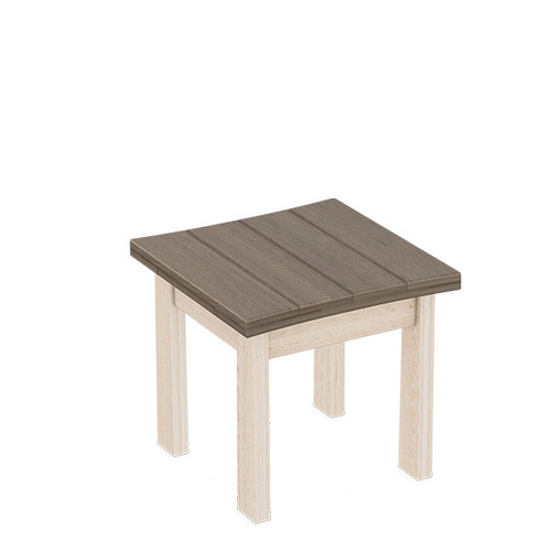 Poly side table in dining height made in the USA by Finch. Pictured in coastal gray and seashell.