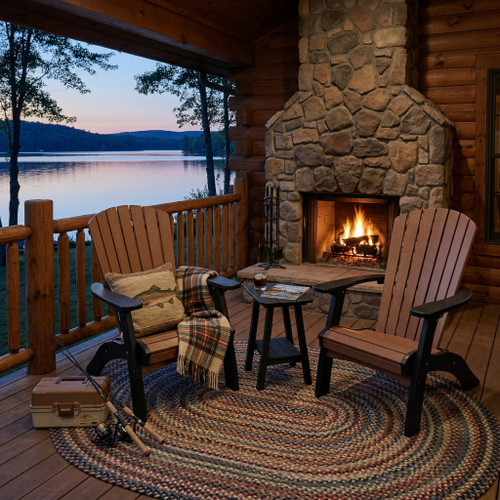 All-weather poly end table in black, pictured on a lodge porch overlooking a lake