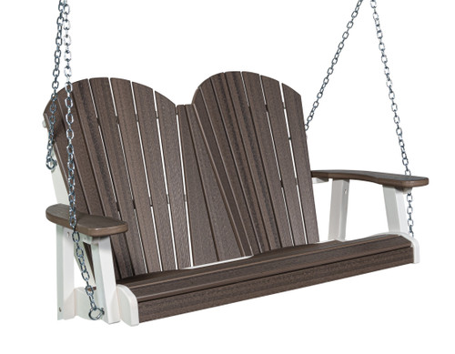 All-weather poly porch swing is Amish made in the USA, pictured in white and brazilian walnut