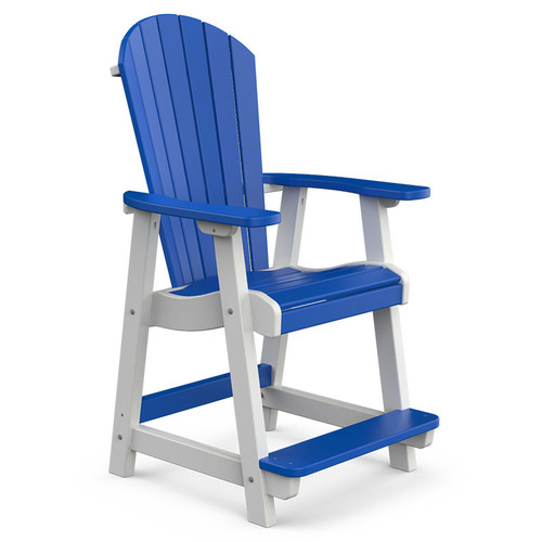 All-weather poly counter hieght chair made in the USA, pictured in white and bright blue.