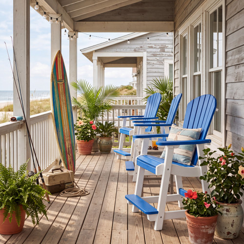 Coastal home veranda with fishing tackle, a surfboard and poly chairs.