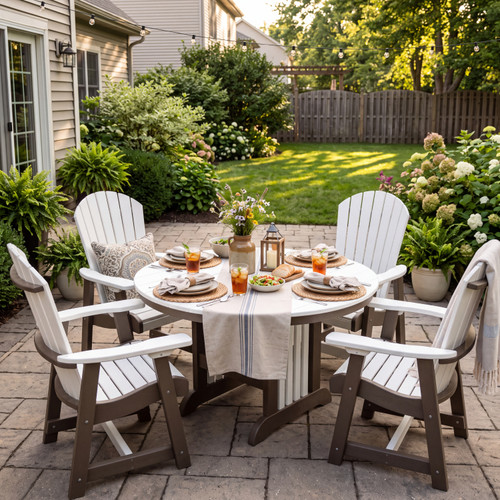 Suburban home backyard patio dining scene with all-weather poly furniture in weatherwood and white