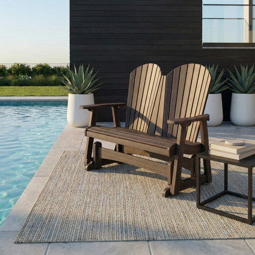 All-weather poly double glider Amish crafted in the USA, pictured poolside in coastal gray.