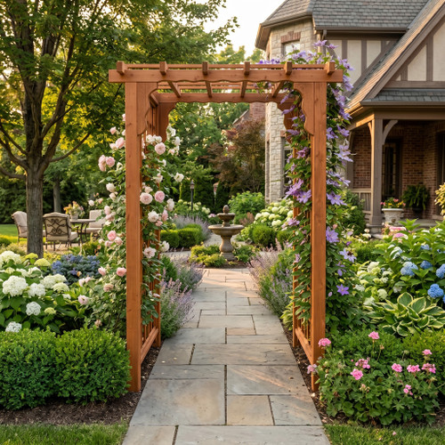 Lexington cedar arbor pictured in upscale home garden