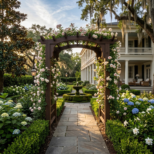 Cambridge cedar arbor pictured with walnut stain, in a southern mansion garden setting