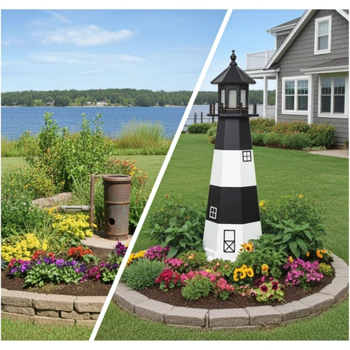 Amish crafted wood garden lighthouse well cover, fire island replica, pictured in front yard by wellhead
